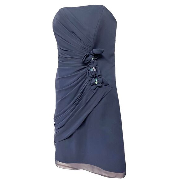 Simone Cavalli Dress Size 12 Ruched Side Strapless Jeweled Navy Blue Cocktail - Picture 2 of 10